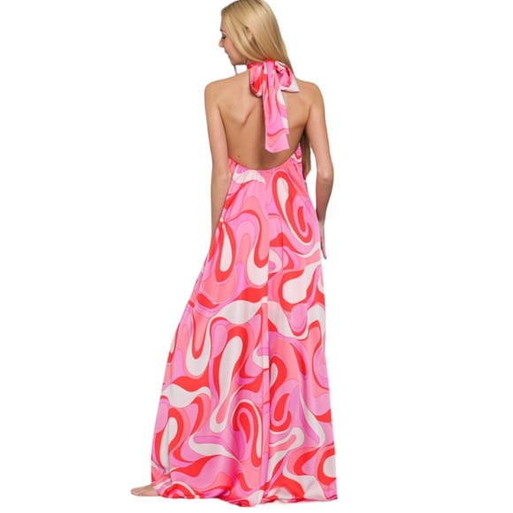 62. Women’s Coral/Pink Print Halter Backless Maxi Dress NWT - Picture 2 of 2